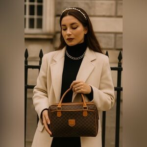 VTG Celine Macadam Boston Bag Brown Coated Canvas Leather Satchel w AUTH COA